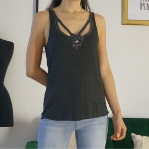 Charcoal Gray  Beaded Top Sleeveless V-neck Lightweight Size M